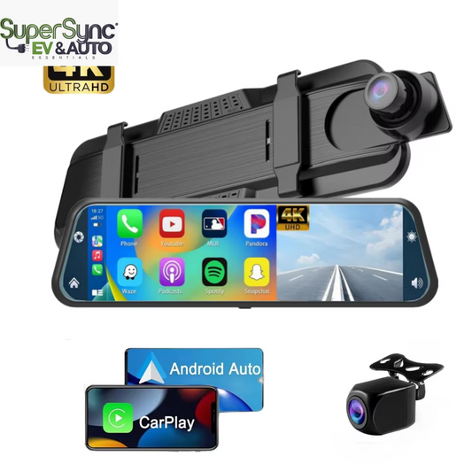 SuperSYNC Car Dash Cam Dvr Rear View Mirror Front and Rear 4K 2160P with Carplay Android Auto Stream Media GPS 5G-WIFI FM AUX Dual Lens