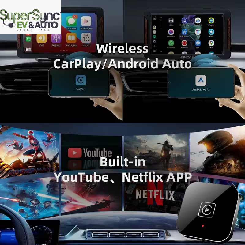 SuperSYNC Wireless CarPlay & Android Auto Smart AI Box - Dual WiFi, Multimedia Streaming Dongle with 2+16GB Storage for Android 12, YouTube, and Netflix